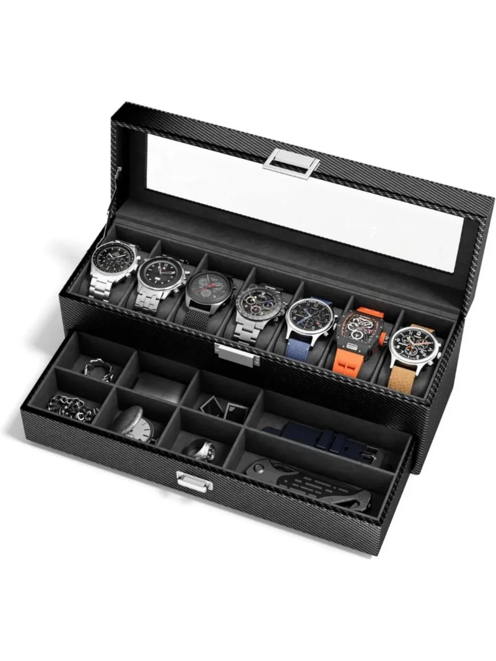 Men's Watch Case Box - 7-Slot Storage Organizer, Real Glass Display, Jewelry